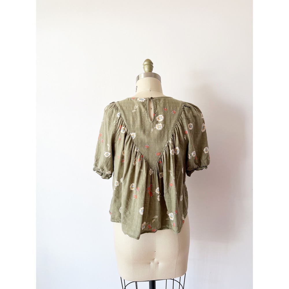 Puff Sleeve Cotton Blend Blouse Green Floral Ruffle Prairie Gauze Peasant PS - Picture 3 of 6